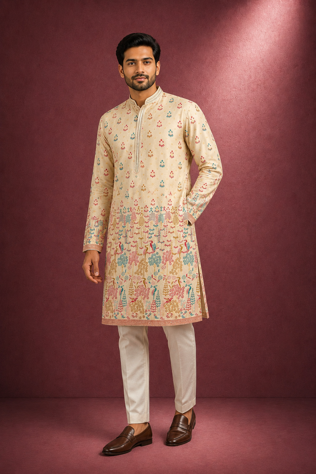 Beige Multi-Color Kalamkari Printed Kurta for Men
