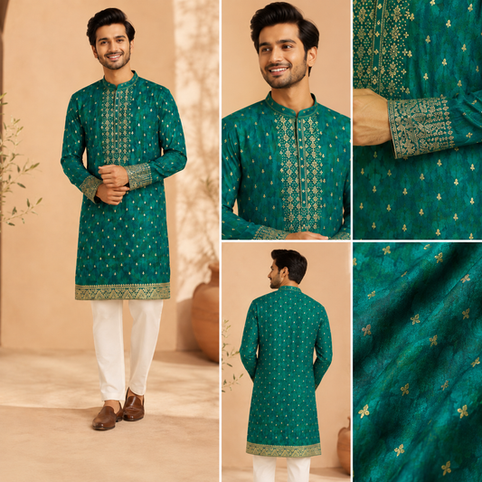 Emerald Green Embroidered Festive Kurta for Men