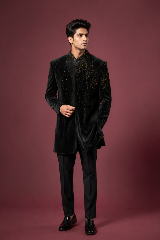 Black Velvet Gold Embellished Indo-Western Sherwani