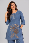 Women's Denim Blue Embroidered Kurta & Palazzo Co-Ord Set