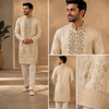 Ivory Gold Embroidered Designer Wedding Kurta Set for Men