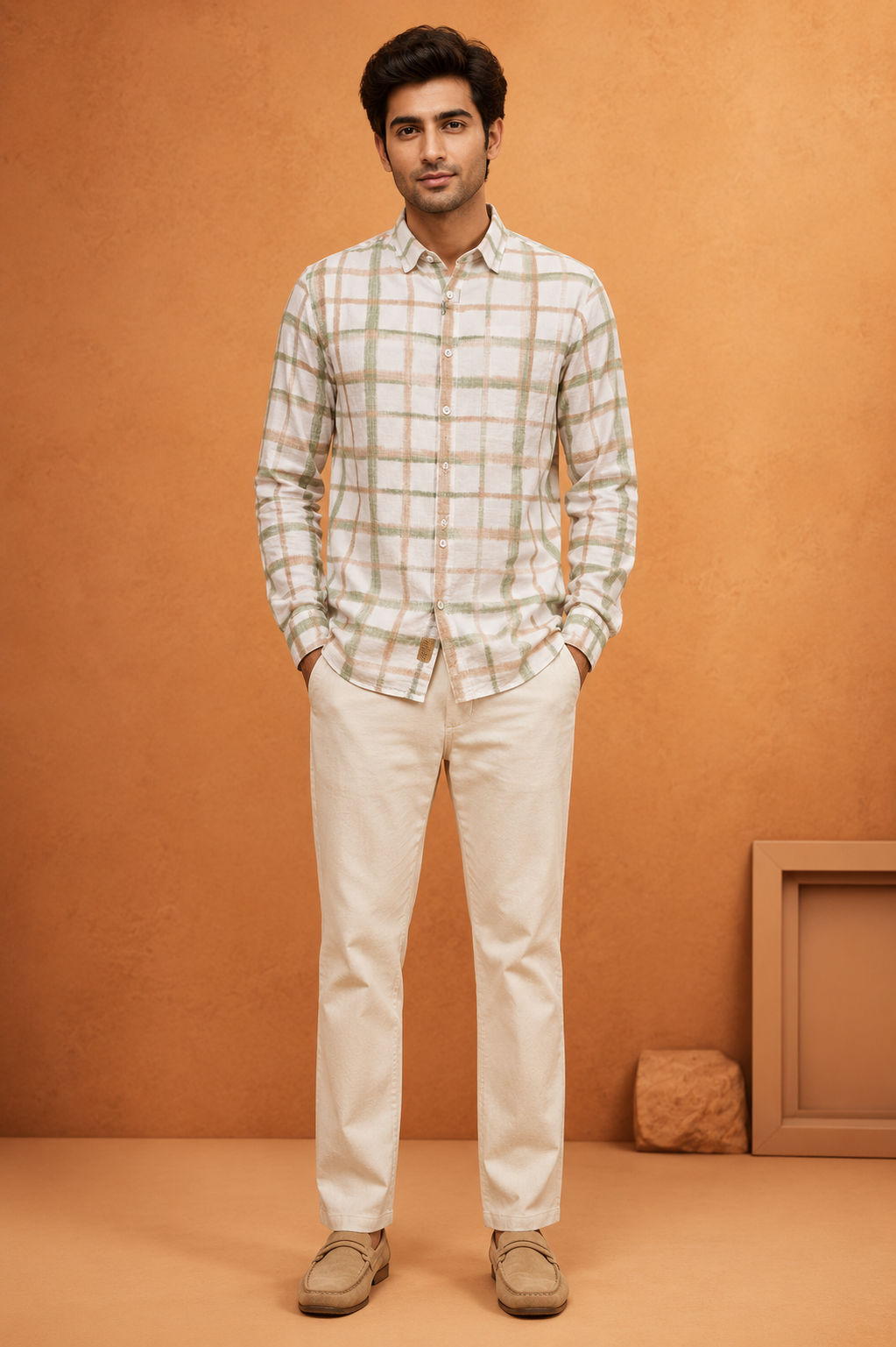 Men's Premium Sky Blue & Beige Windowpane Check Casual Shirt
