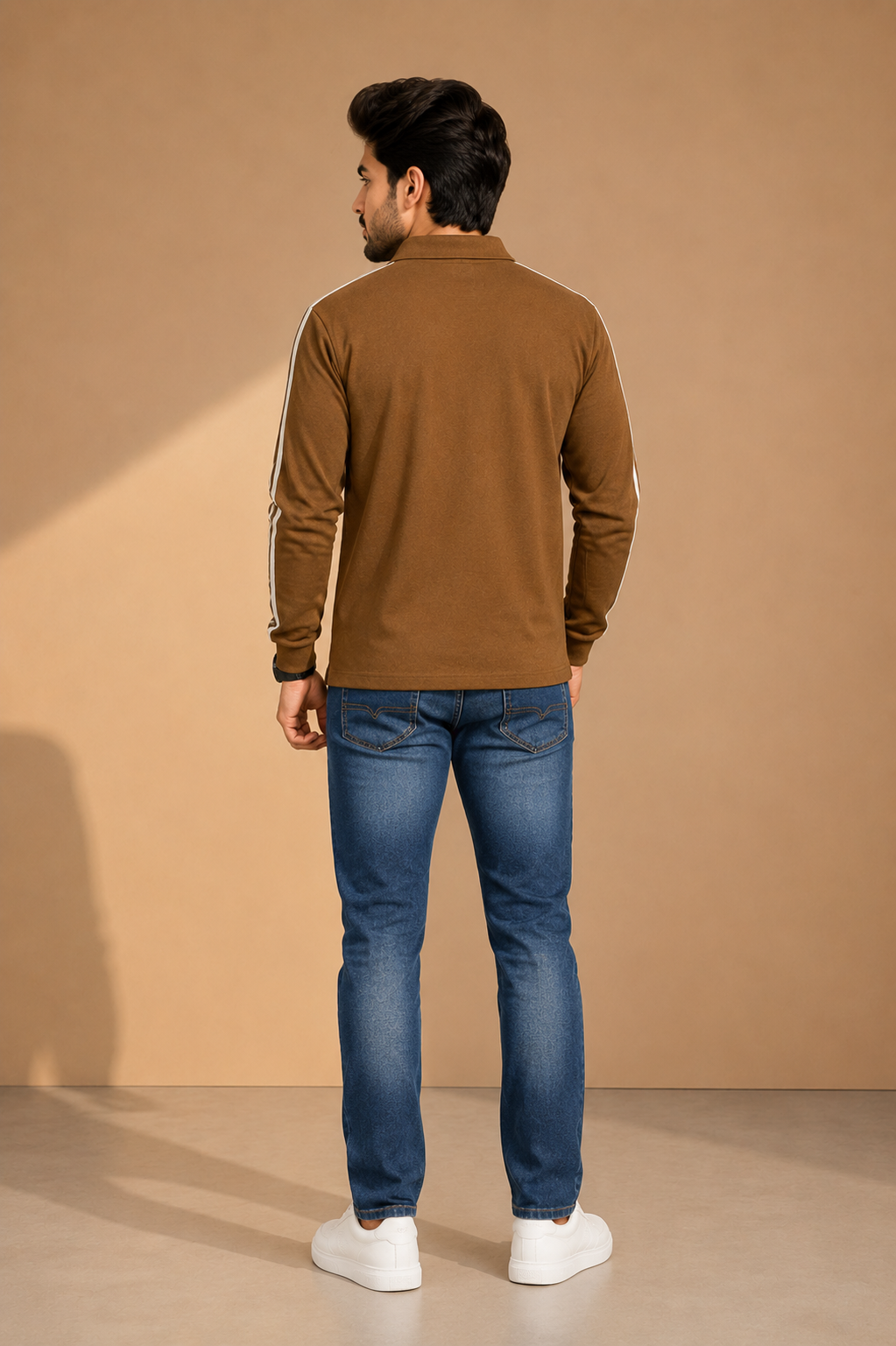 Men’s Brown Half-Zip T-Shirt with Contrast Sleeve Stripe