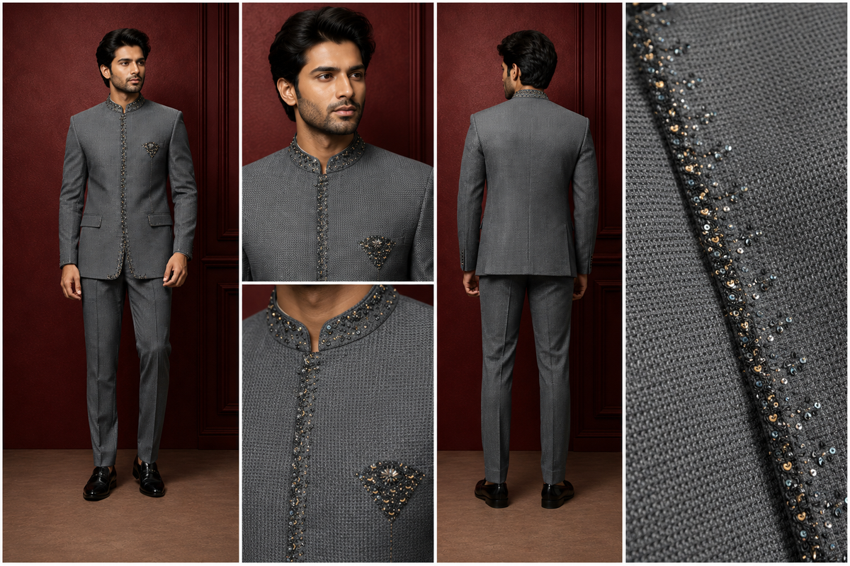 Charcoal Grey Embellished Jodhpuri Suit