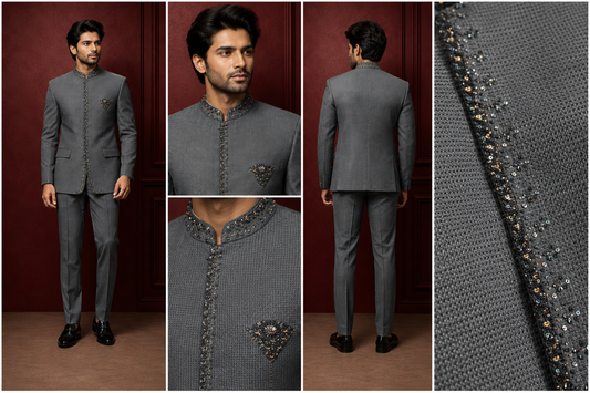 Charcoal Grey Embellished Jodhpuri Suit