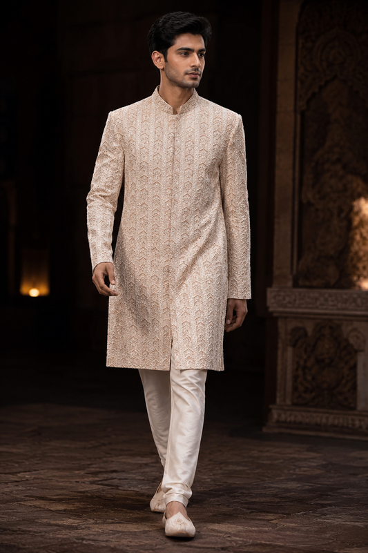 Champagne Embroidered Indo-Western Sherwani Set