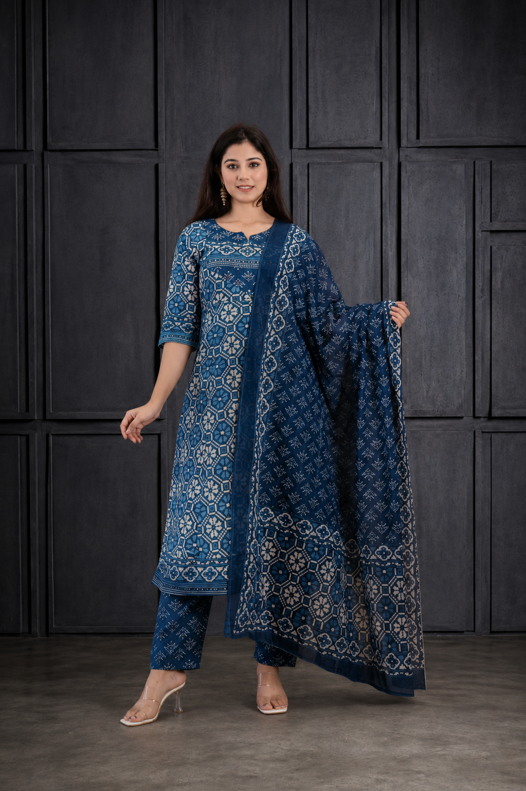 Women’s Indigo Blue Printed Kurta Pant Dupatta Set