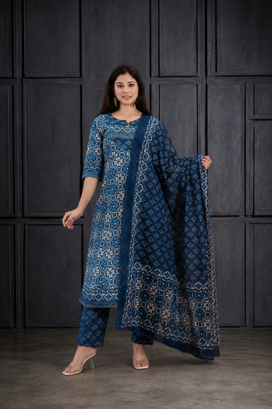 Women’s Indigo Blue Printed Kurta Pant Dupatta Set