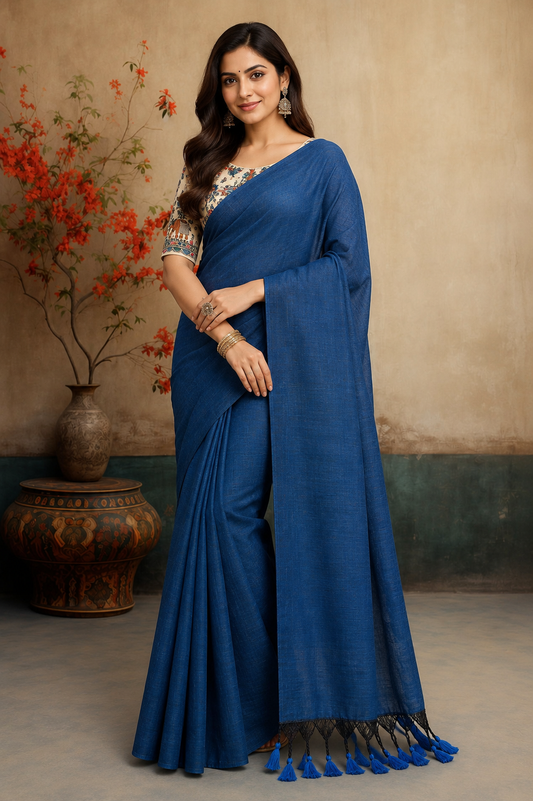 Royal Blue Linen Blend Saree with Handcrafted Tassel Pallu & Designer Embroidered Blouse