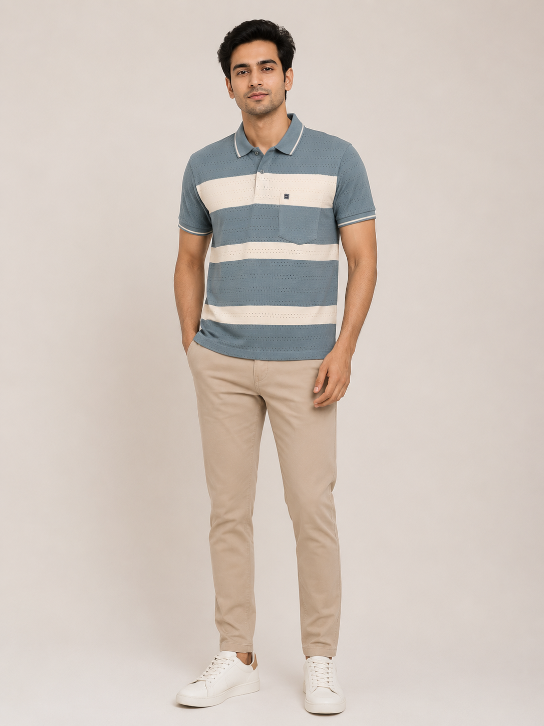 Men’s Grey & Off White Striped Polo T-Shirt