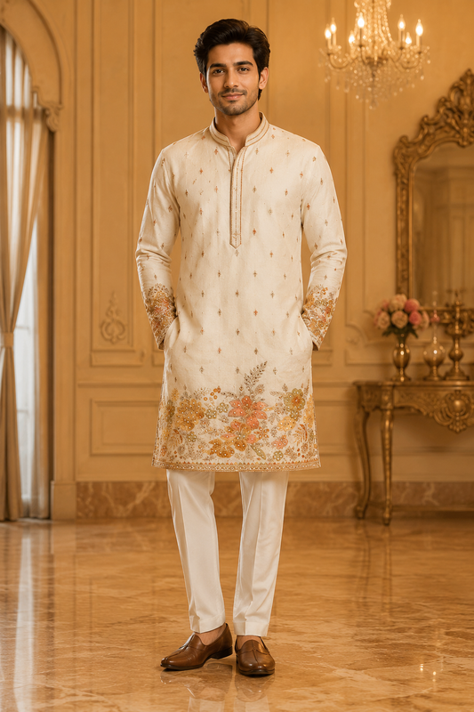 Ivory Floral Embroidered Men’s Festive Kurta