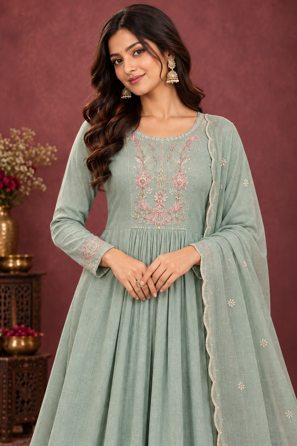 Sage Green Embroidered Anarkali Suit Set