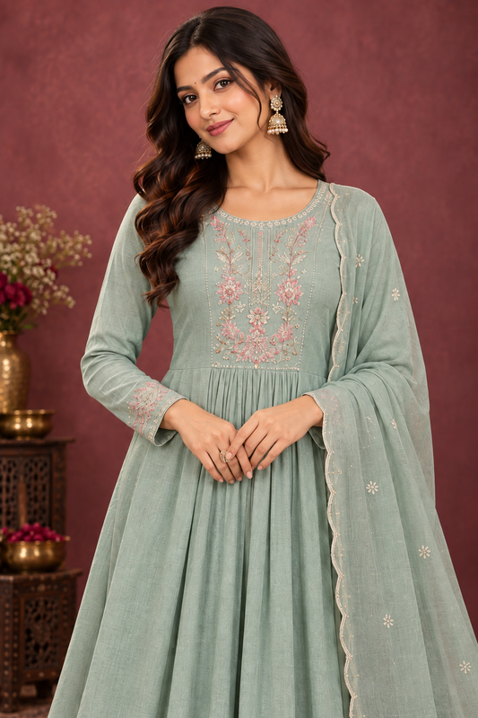Sage Green Embroidered Anarkali Suit Set