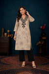 Women's Beige Floral Printed Straight Kurti with Black Embroidered V-Neck