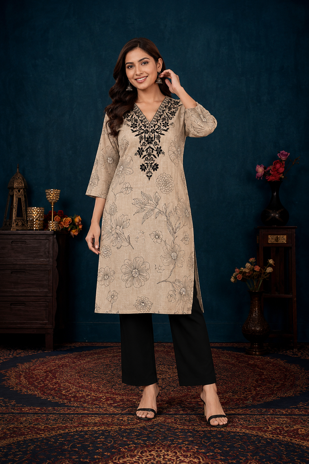 Women's Beige Floral Printed Straight Kurti with Black Embroidered V-Neck