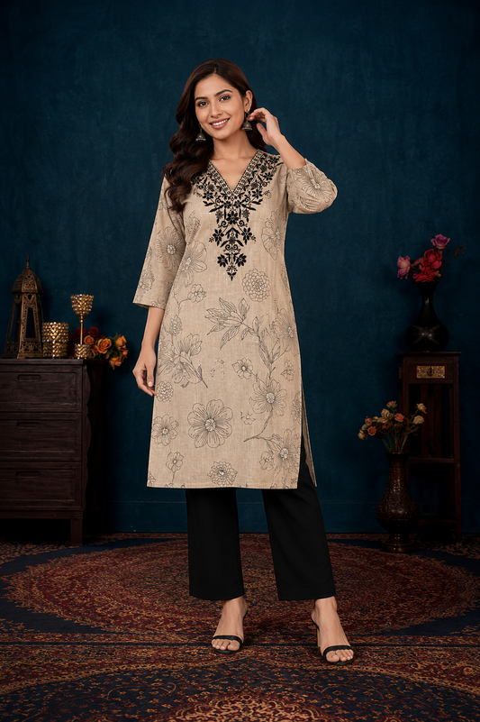 Women's Beige Floral Printed Straight Kurti with Black Embroidered V-Neck