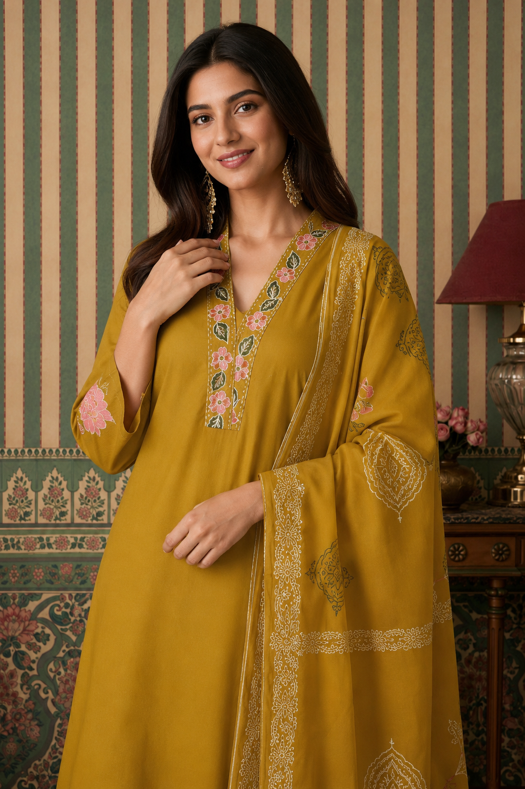 Mustard Yellow Floral Embroidered Kurta Palazzo & Printed Dupatta Set