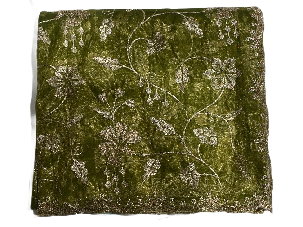 Olive Green Organza Saree with Delicate Floral Embroidery