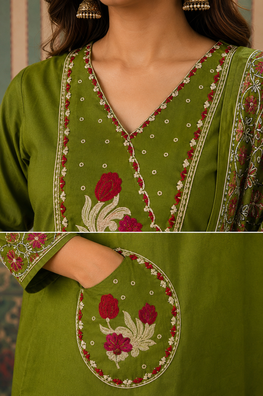 Olive Green Floral Embroidered Kurta Set with Printed Dupatta