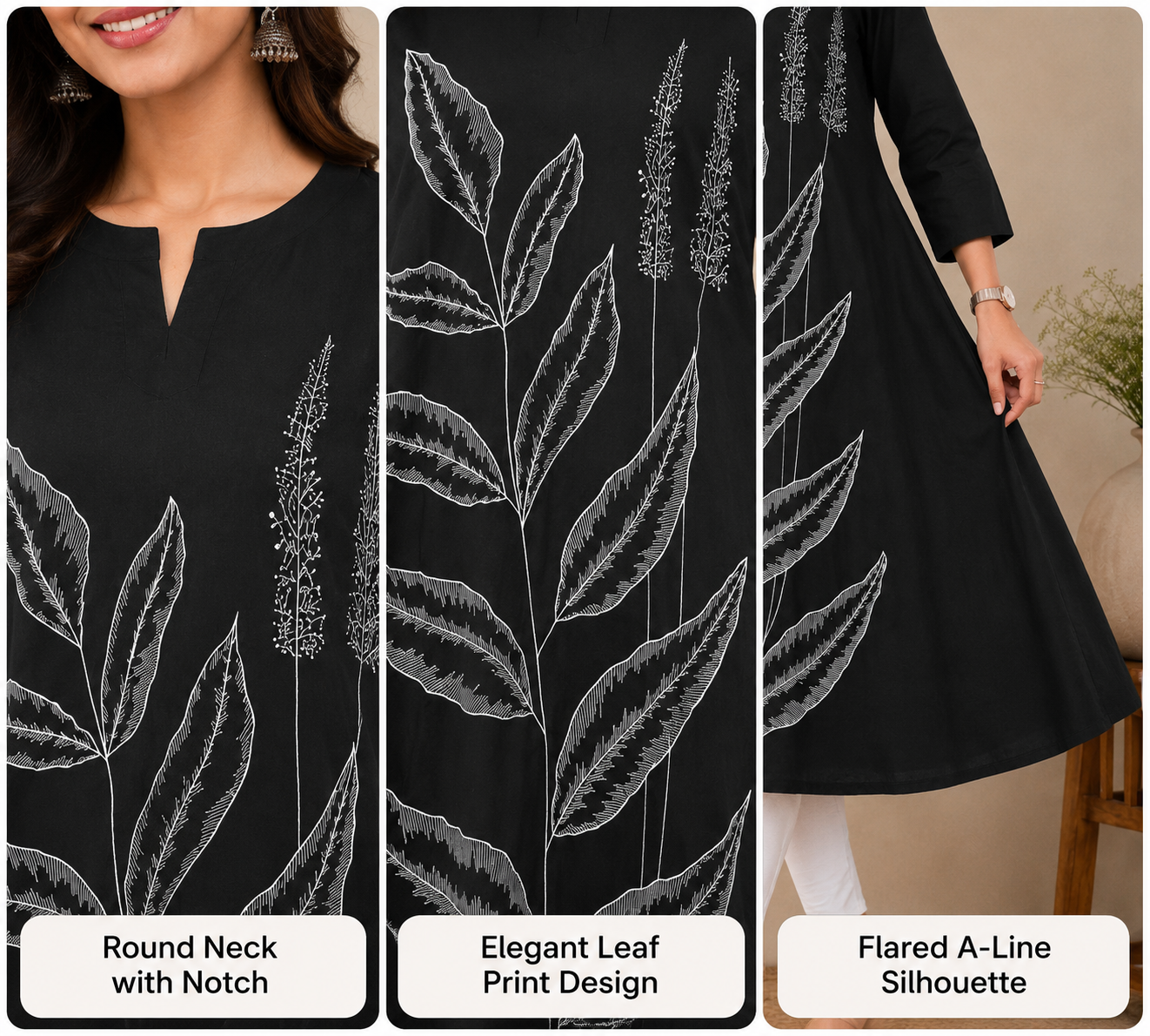 Women's Black Botanical Print A-Line Cotton Kurti