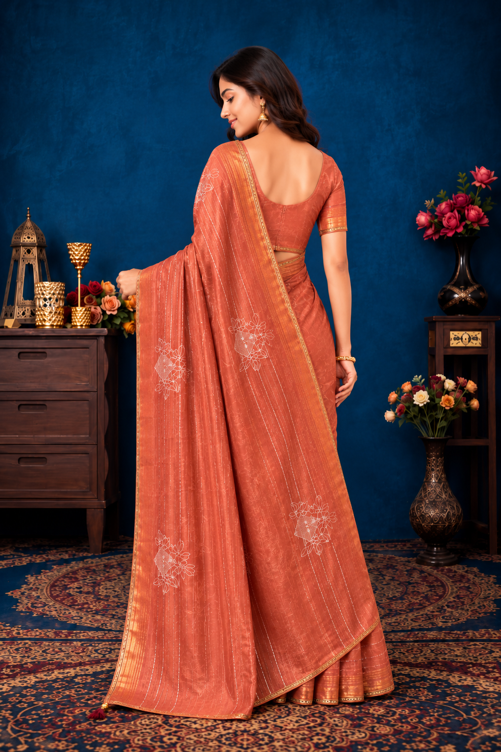 Elegant Rust Orange Floral Designer Saree with Golden Border