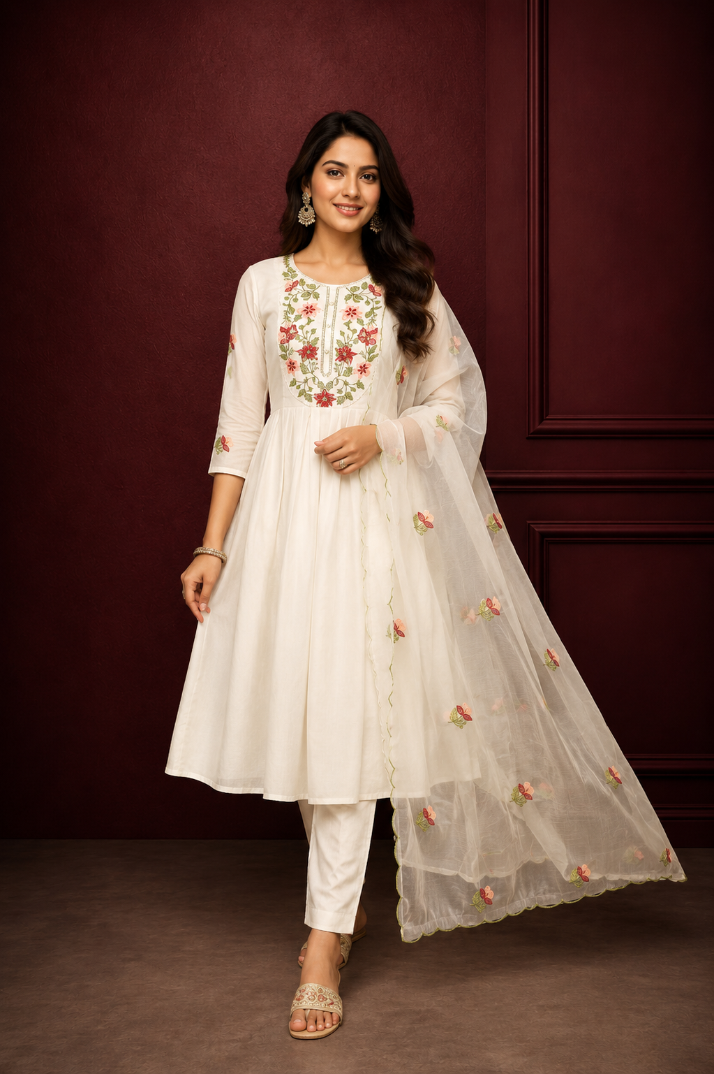 Elegant Ivory Floral Embroidered Kurta, Pant & Dupatta Set