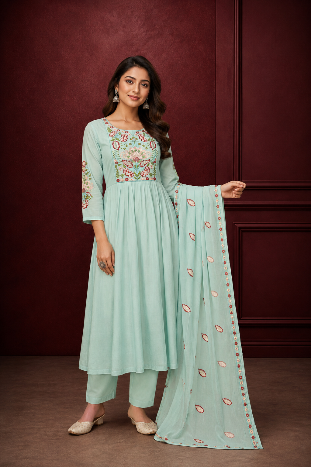 Embroidered Kurti, Bottom & Dupatta Set