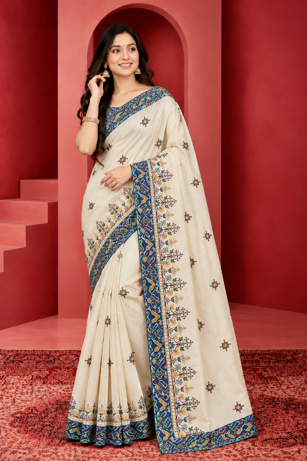 Elegant Cream Saree with Blue Patola Border