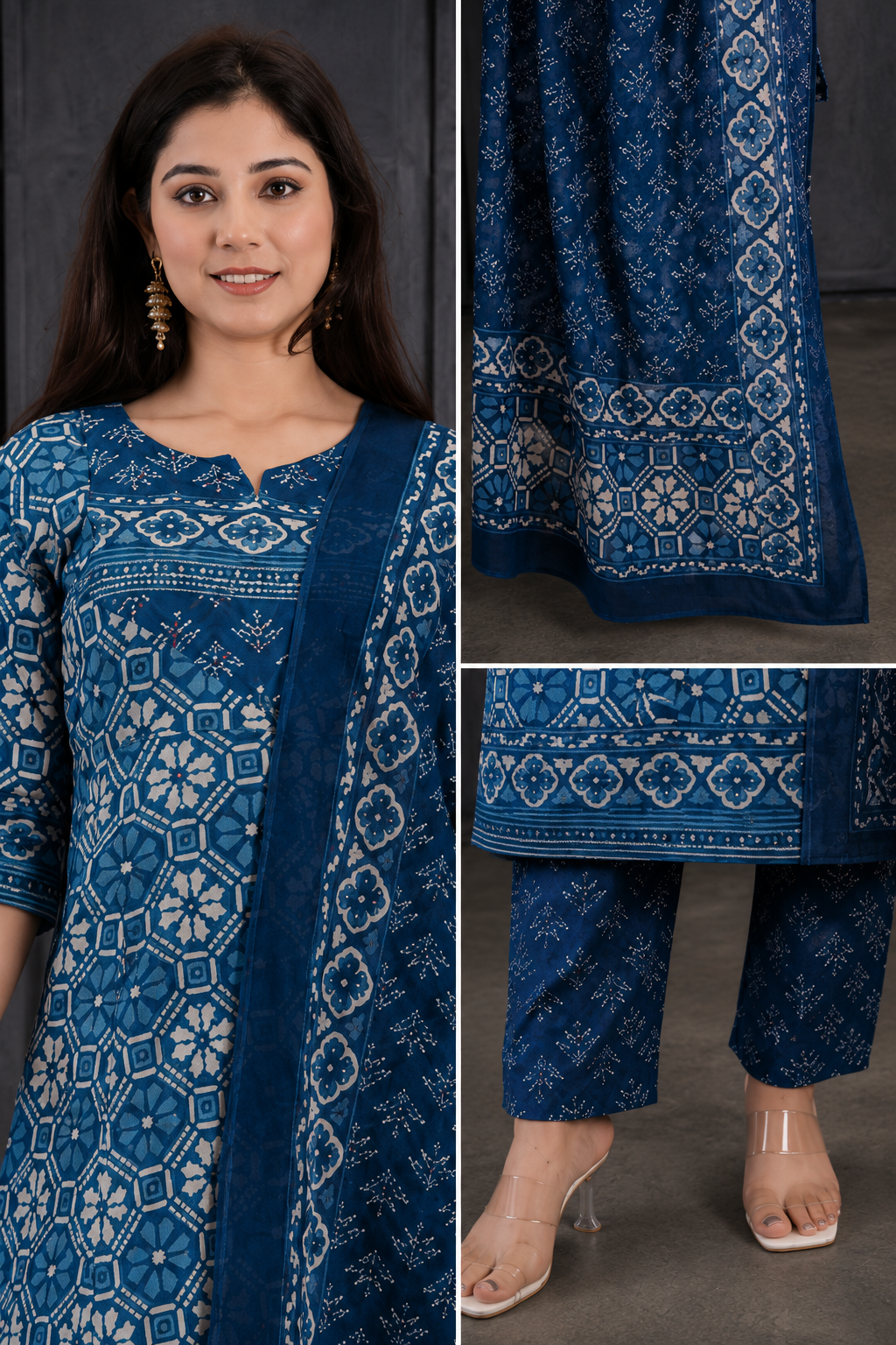Women’s Indigo Blue Printed Kurta Pant Dupatta Set