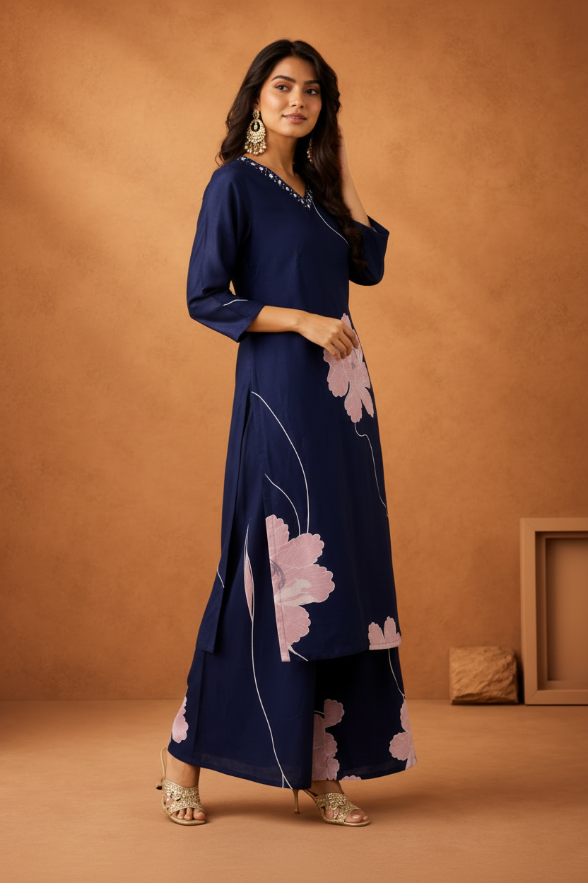 Midnight Blue Floral Printed Kurti Palazzo Set for Women