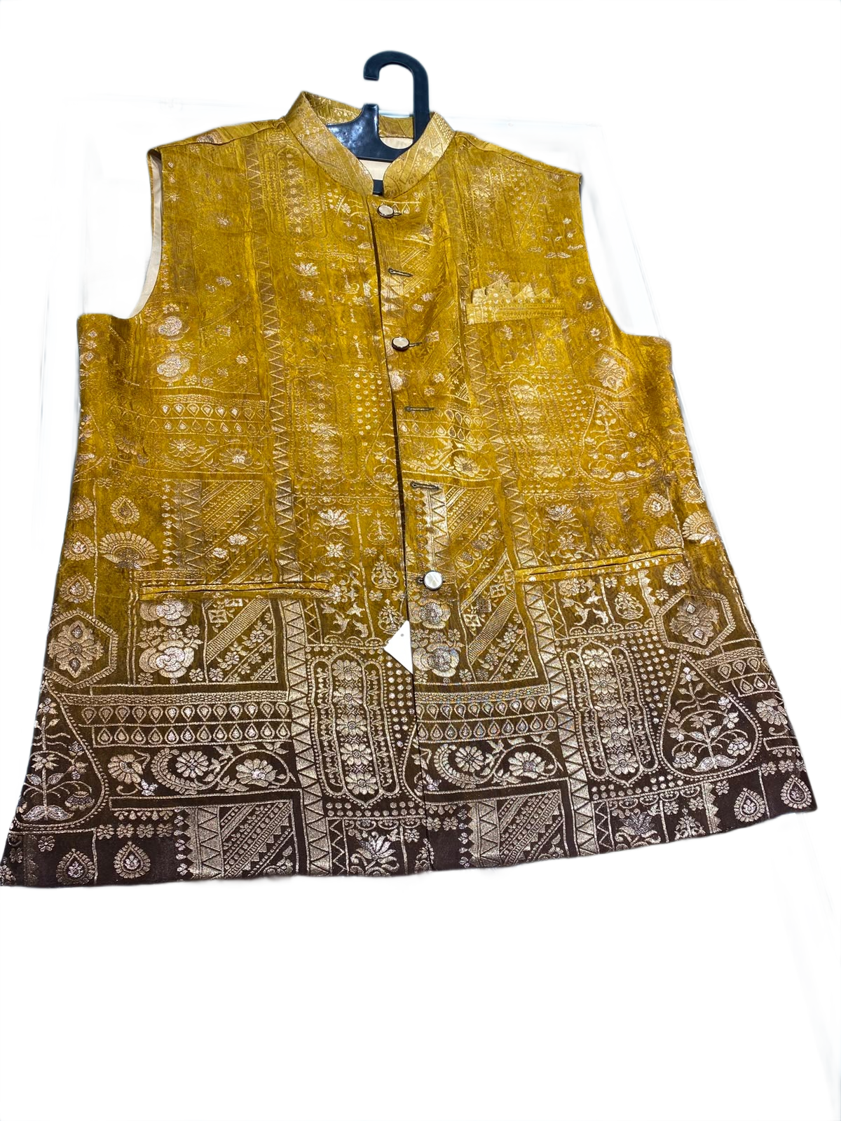 Men's Mustard Gold Jacquard Nehru Jacket | Premium Ethnic Wedding Waistcoat