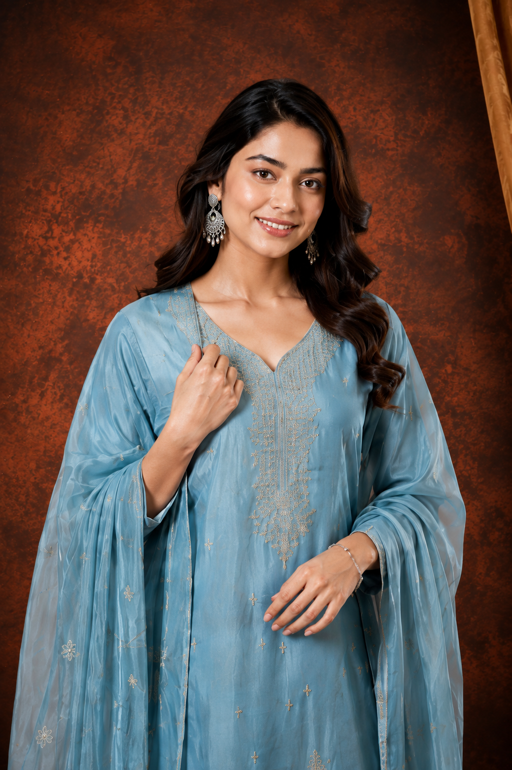 Sky Blue Embroidered Kurta Set with Dupatta