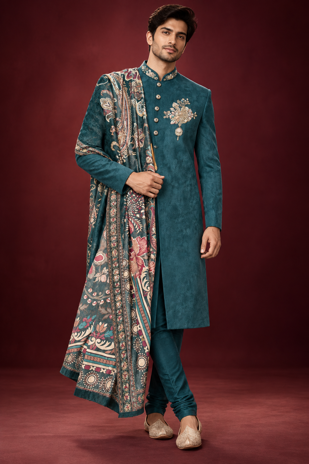 Teal Embroidered Indo-Western Sherwani Set