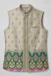 Ivory Green Floral Embroidered Nehru Jacket