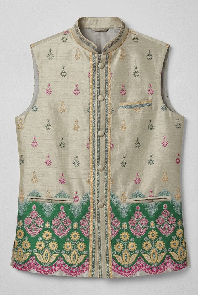 Ivory Green Floral Embroidered Nehru Jacket