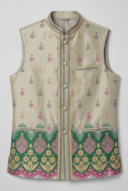 Ivory Green Floral Embroidered Nehru Jacket