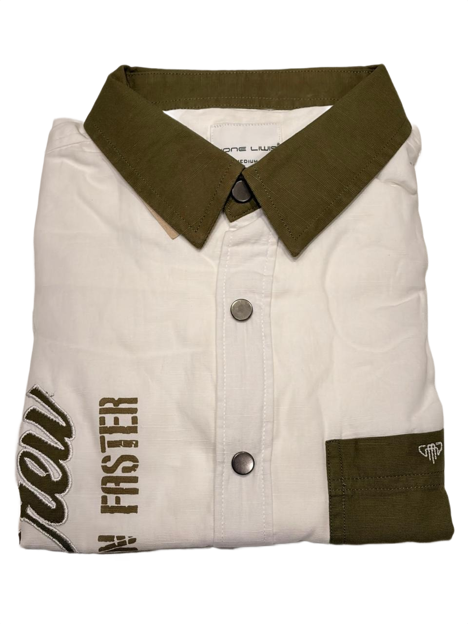 Men’s Premium Off-White Casual Shirt with Olive Collar & Pocket Detail