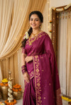 Wine Checked Silk Saree with Traditional Gold Zari Border