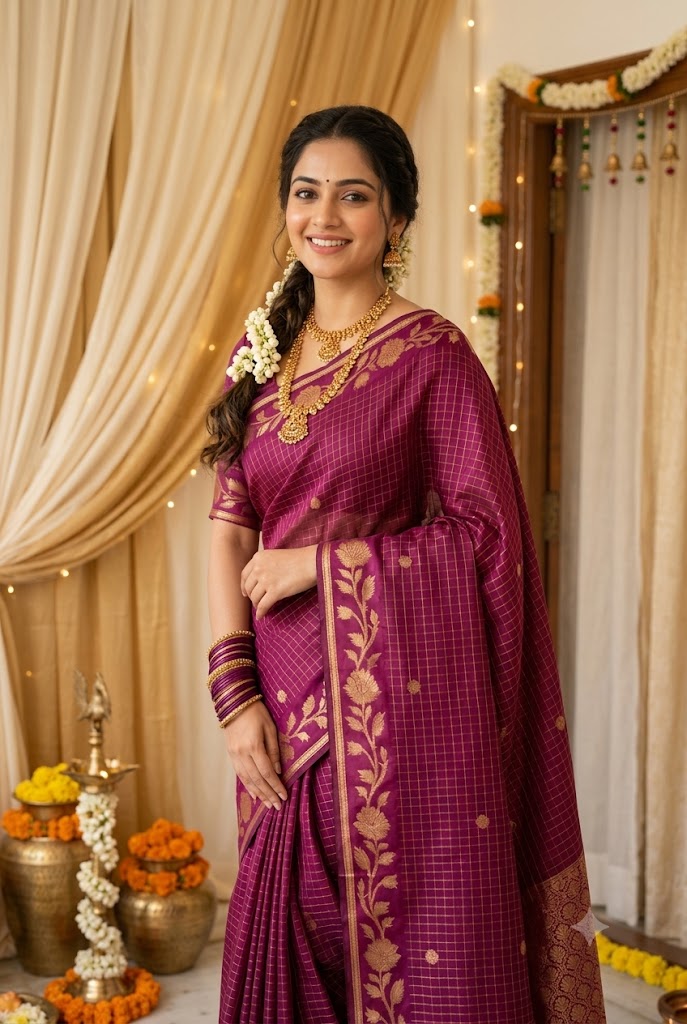 Wine Checked Silk Saree with Traditional Gold Zari Border