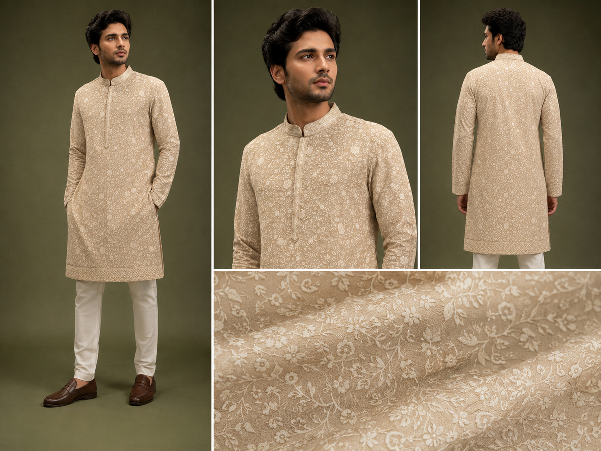 Beige Floral Embroidered Men’s Festive Kurta