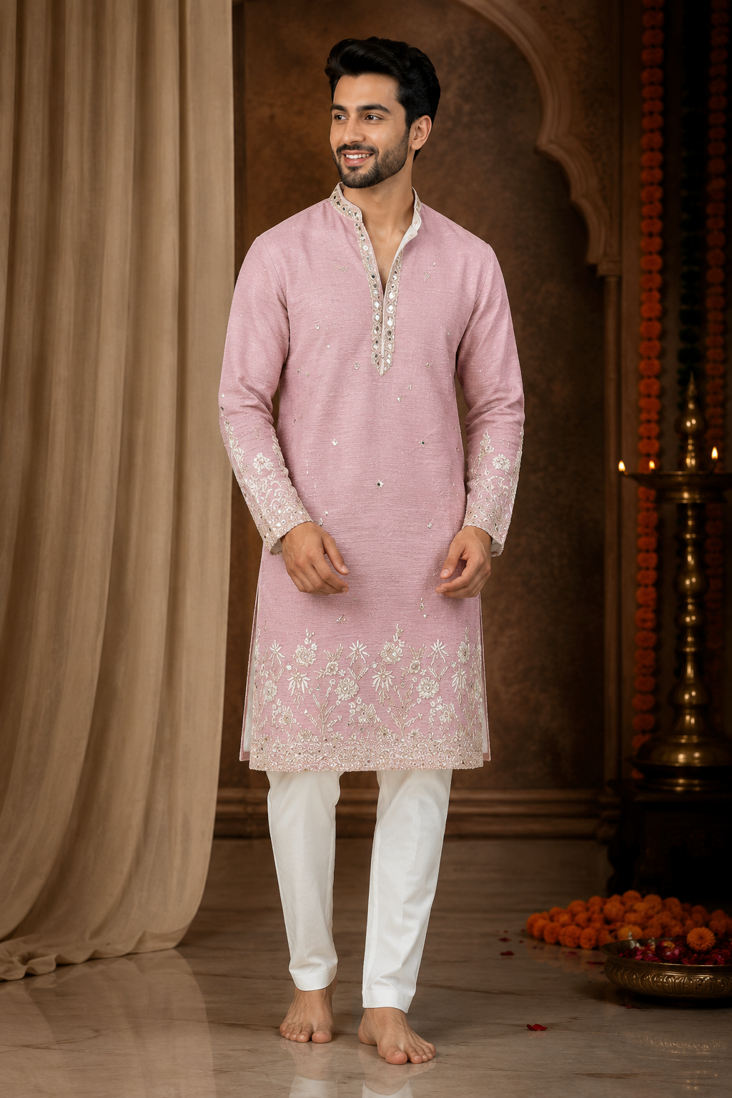 Pastel Pink Embroidered Festive Kurta Set