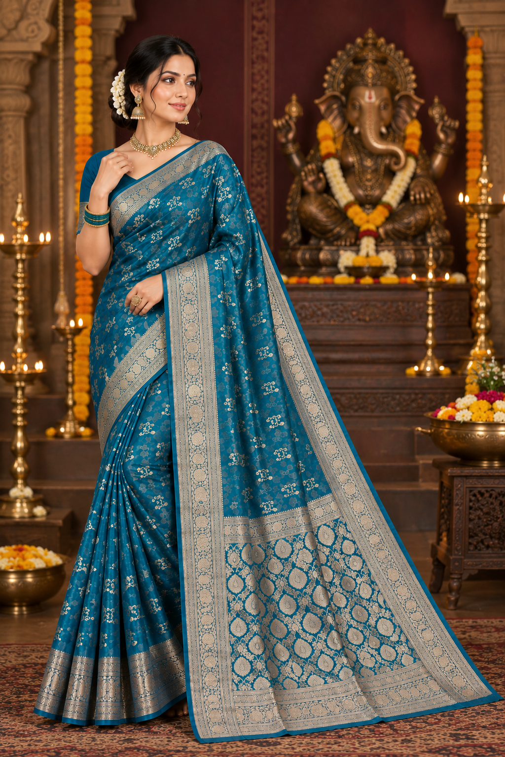 Teal Blue Banarasi Silk Saree with Rich Zari Border
