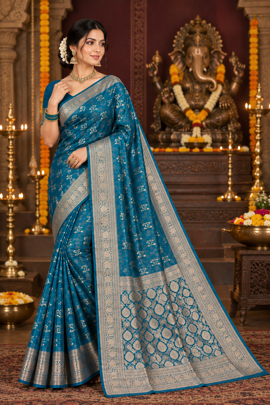 Teal Blue Banarasi Silk Saree with Rich Zari Border