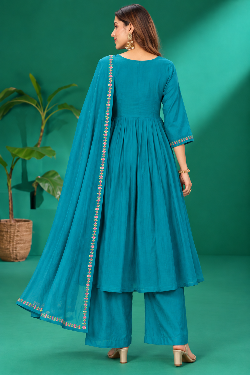 Teal Blue Embroidered Festive Kurta Set