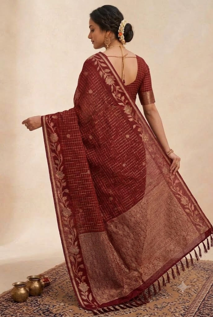 Deep Checked Silk Saree with Floral Zari Border