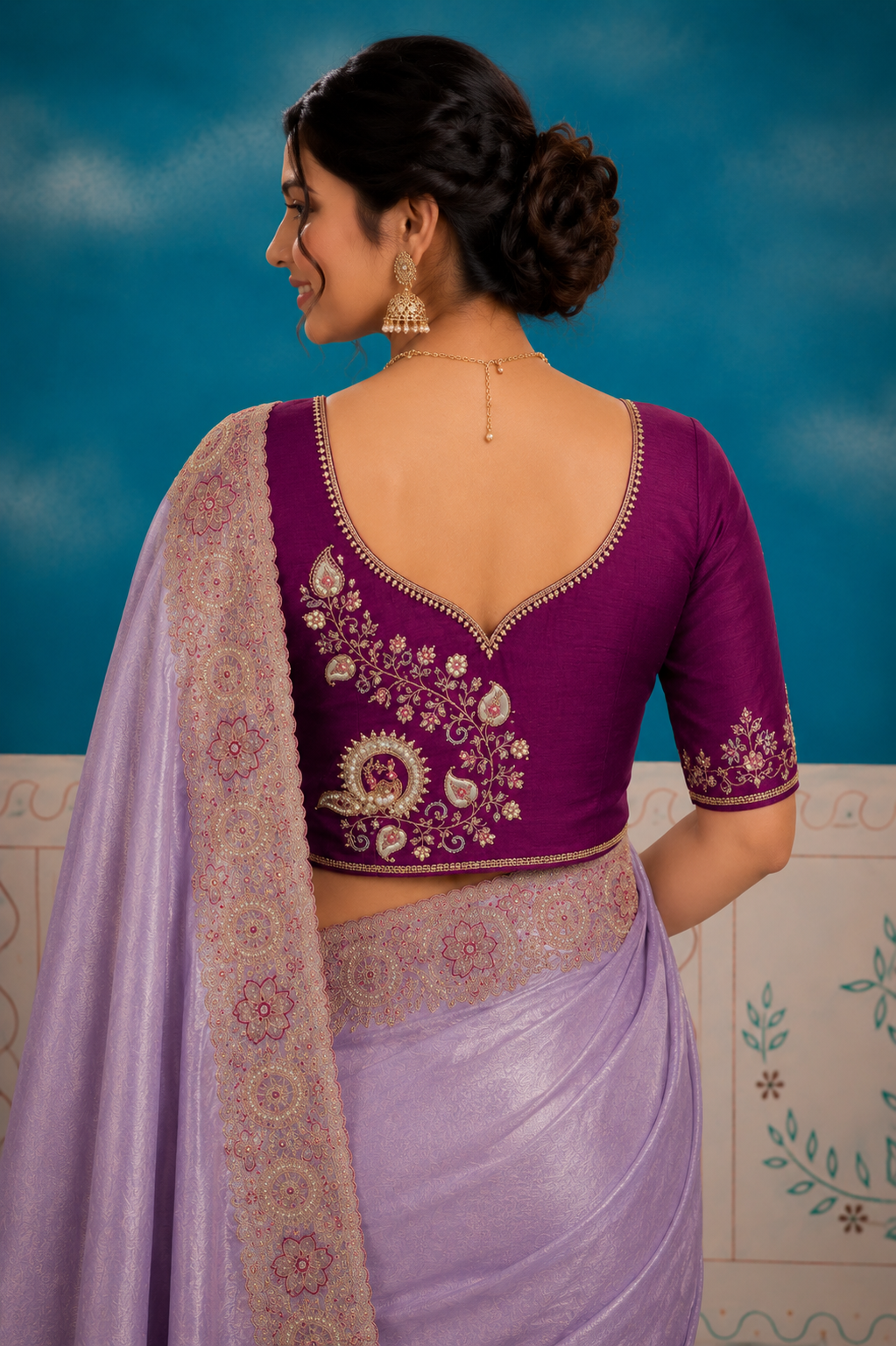 Lavender Designer Saree with Embroidered Floral Zari Border