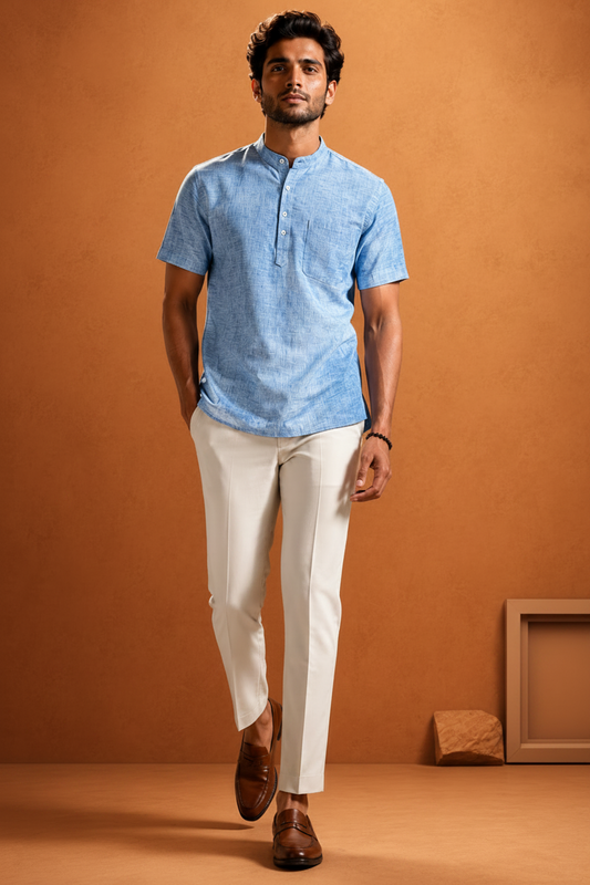 Men's  Textured Mandarin Collar Short Kurta Shirt