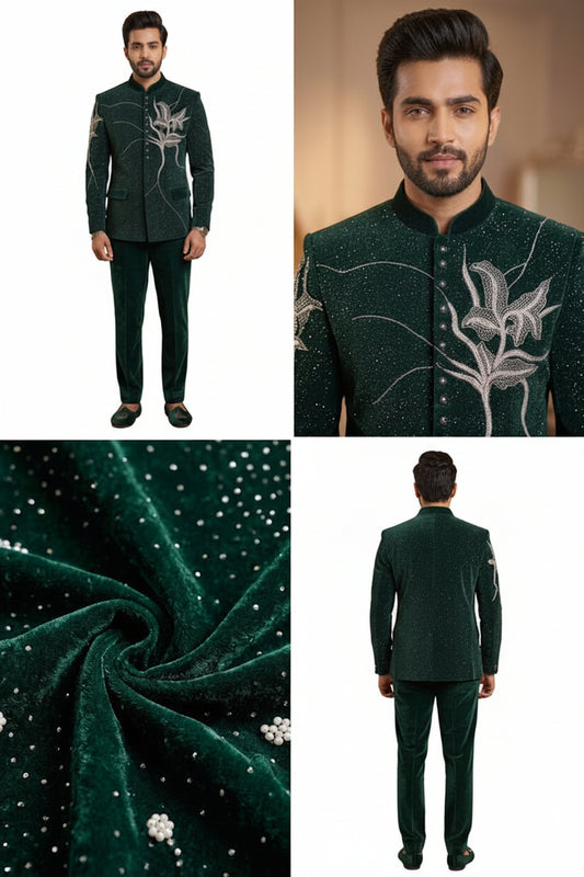 Men’s Emerald Green Embroidered Jodhpuri Suit Set