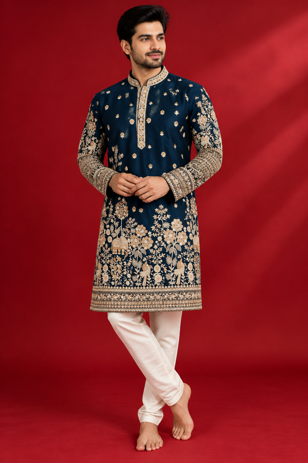 Navy Blue Gold Embroidered Festive Kurta Set