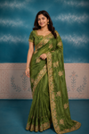 Elegant Olive Green Embroidered Saree with Rich Zari Floral Work